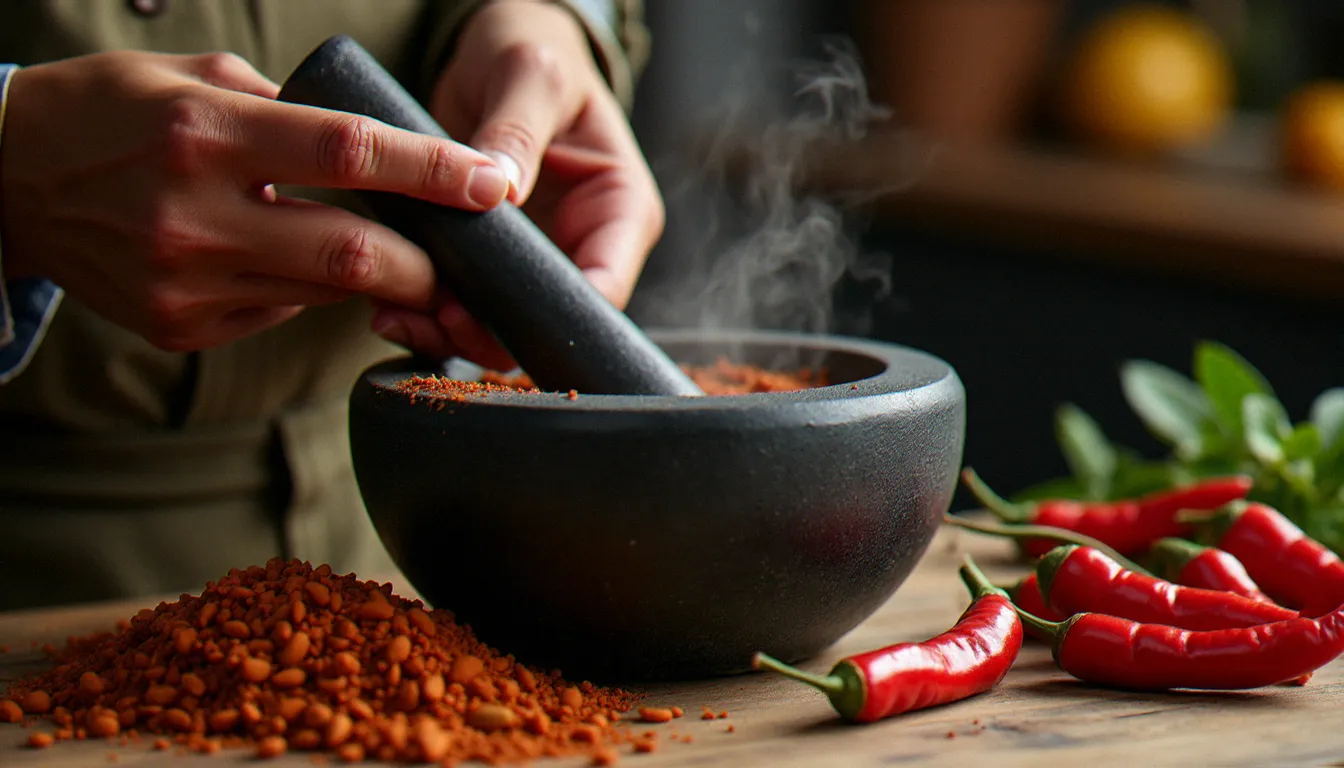 Mains d'une cuisinière éthiopienne pilant des épices pour le berbéré dans un mortier en pierre volcanique noire, technique traditionnelle de préparation des épices de la cuisine éthiopienne
