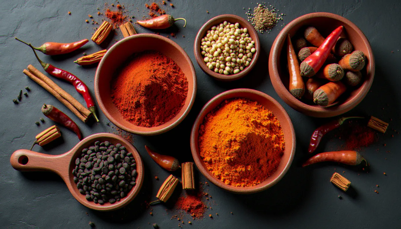 Collection d'épices éthiopiennes traditionnelles incluant le berbéré, le mitmita et la korarima, disposés sur une surface en pierre volcanique noire — les épices essentielles de la cuisine éthiopienne