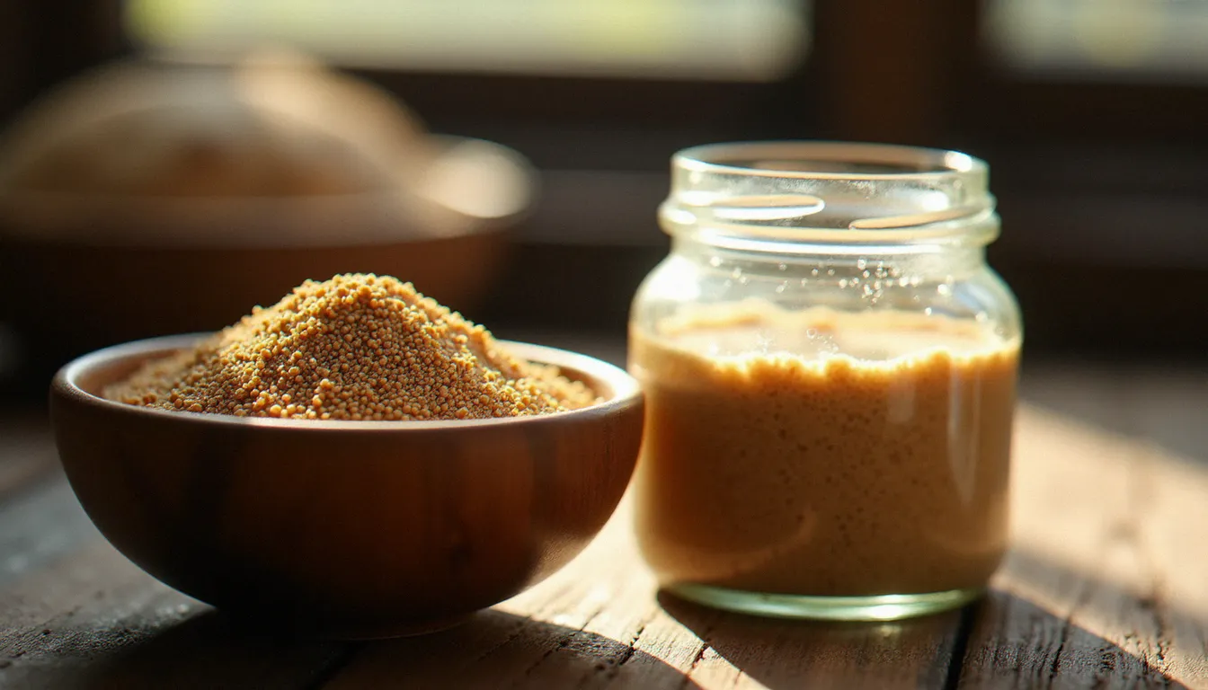 Graines de teff brun dans un bol en bois à côté d'un levain de teff bouillonnant, ingrédients de base de la galette acide éthiopienne
