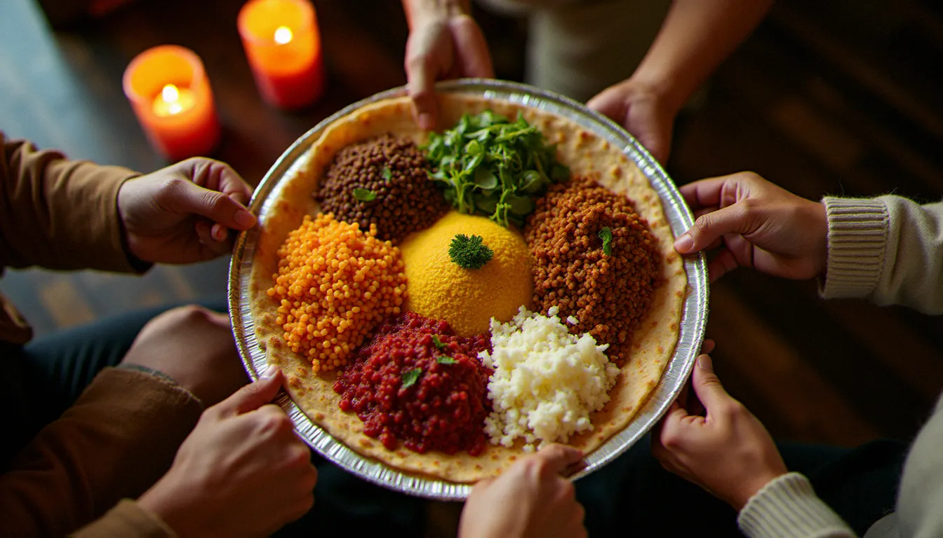 Repas éthiopien traditionnel servi sur un grand plateau d'injera, avec doro wat, misir wat aux lentilles rouges et ayib, dégusté à la main en partage communautaire