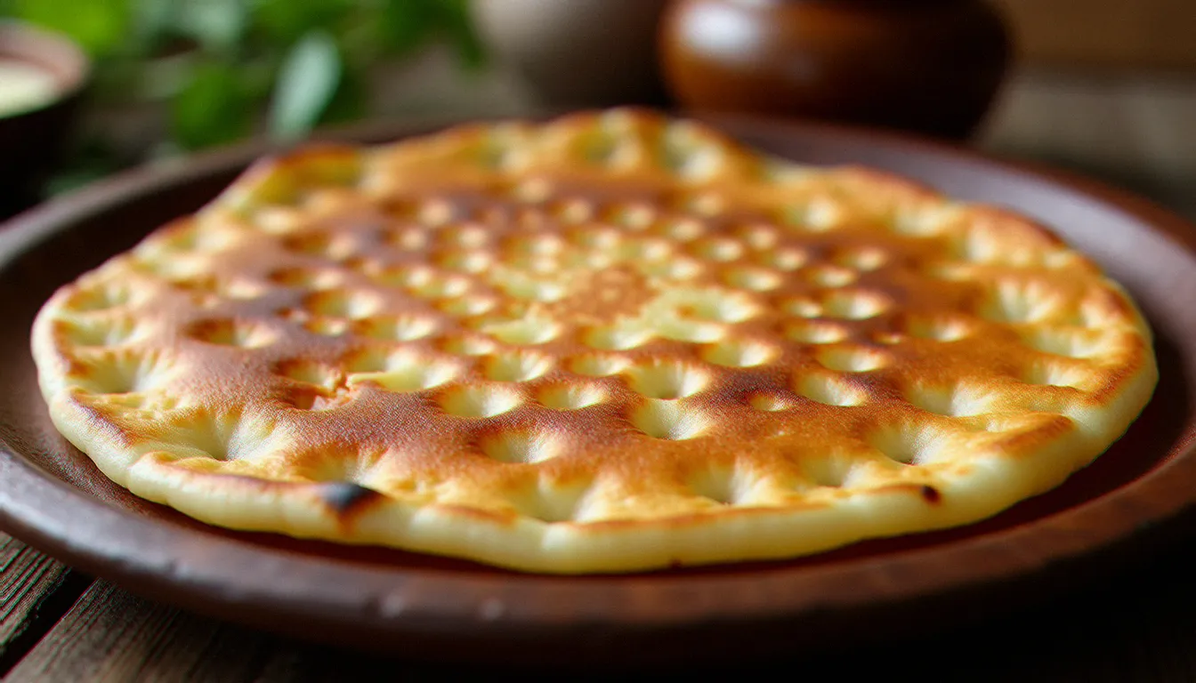 Injera fraîchement cuite, galette acide de la cuisine éthiopienne, posée sur un mitad en terre cuite traditionnel, montrant sa texture spongieuse alvéolée caractéristique