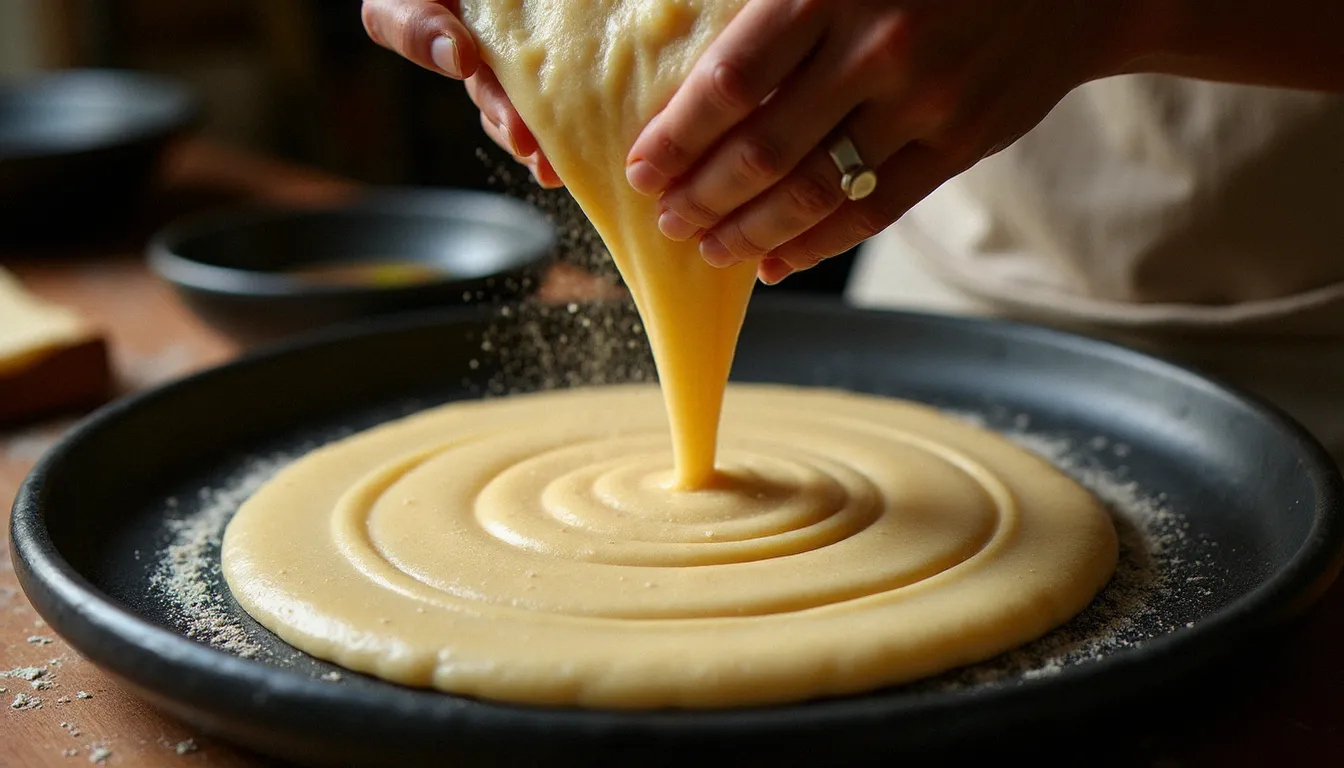Mains versant la pâte fermentée de teff en spirale sur une plaque mitad en argile pour cuire une injera éthiopienne, petites bulles visibles à la surface