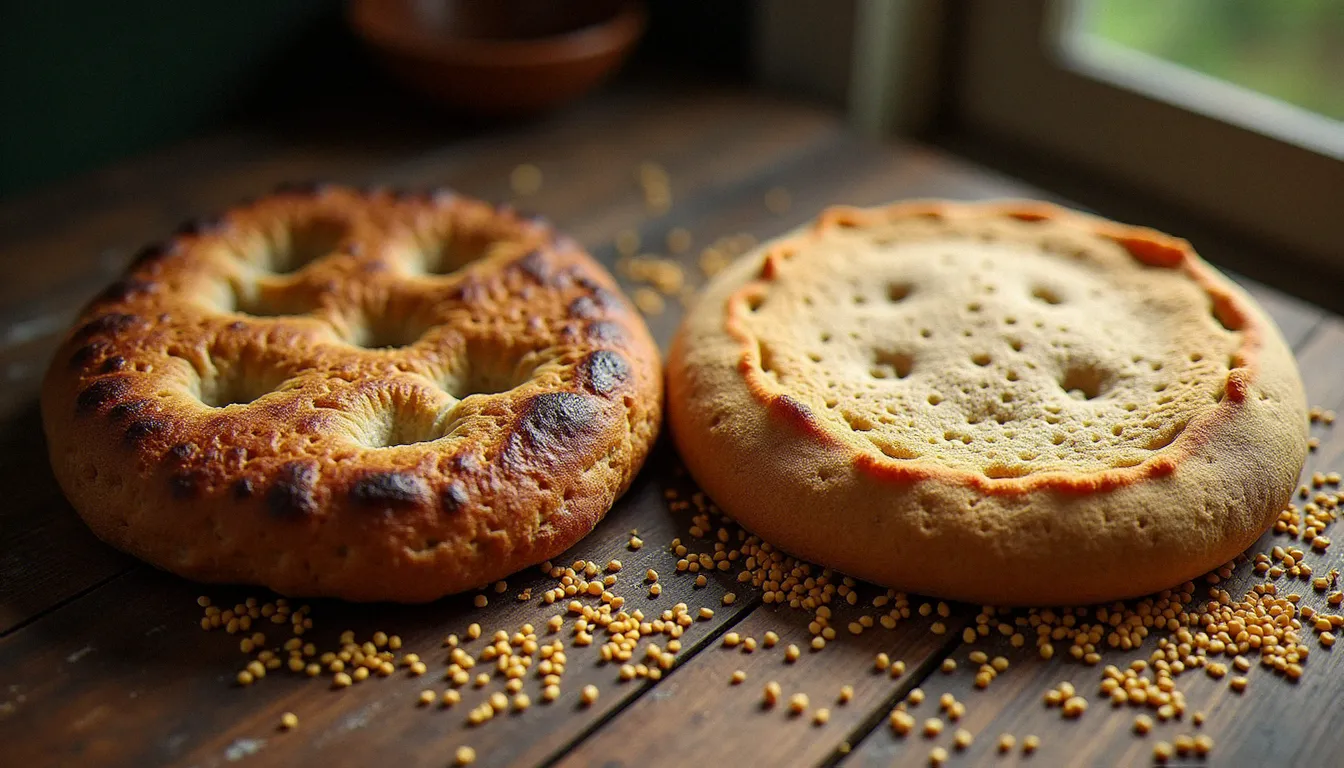 Comparaison côte à côte d'une galette de sarrasin bretonne et d'une injera éthiopienne, montrant leurs textures trouées similaires avec des grains de sarrasin et de teff autour