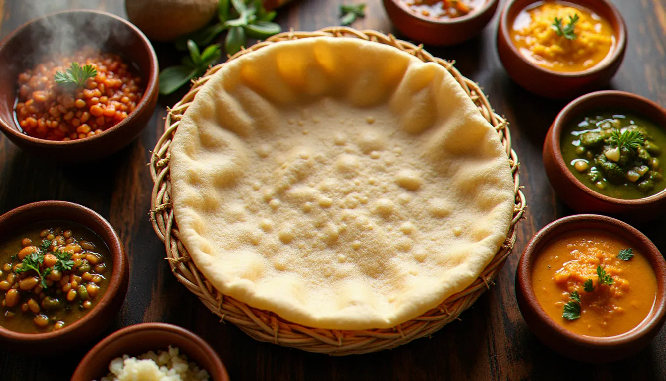 Grande injera éthiopienne posée sur un panier tressé traditionnel, entourée de wots colorés dans des bols en argile, illustrant la cuisine éthiopienne et ses galettes fermentées
