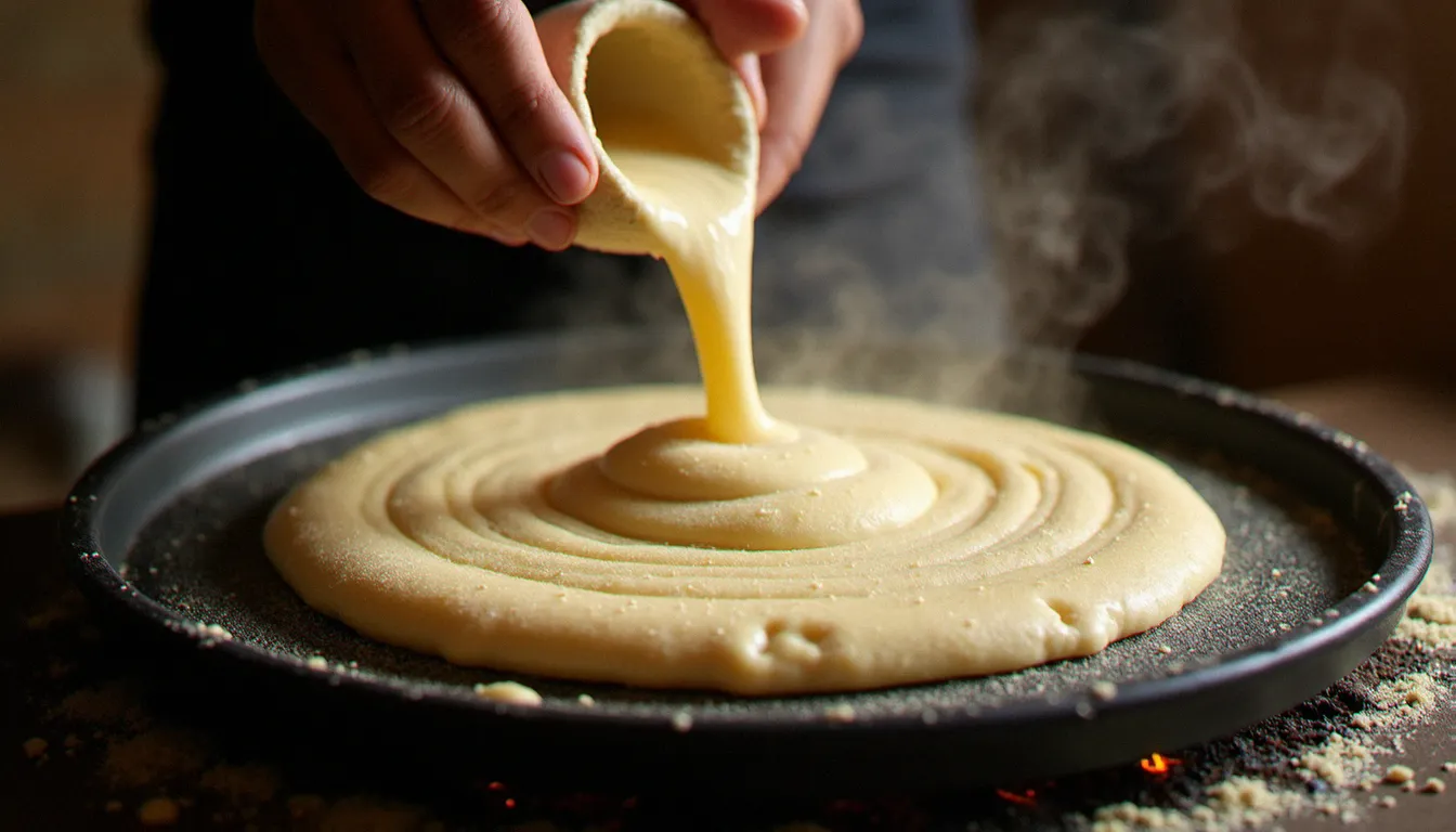 Cuisson de l'injera sur une mitad en argile, la pâte de teff fermentée versée en cercle sur la plaque chaude dans une cuisine éthiopienne traditionnelle
