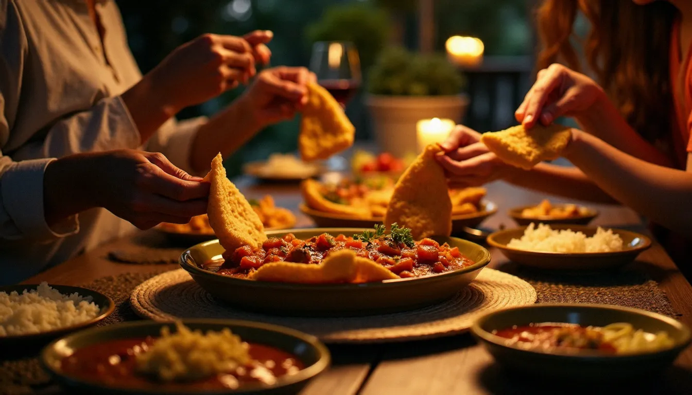Repas éthiopien partagé en famille autour d'un injera commun, les convives se servent à la main dans les wot épicés posés sur la galette