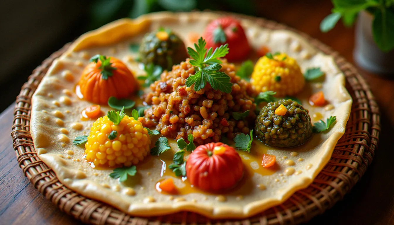 Grande galette d'injera éthiopien posée sur une mesob traditionnelle, garnie de wot et de légumes épicés, illustrant la cuisine éthiopienne injera