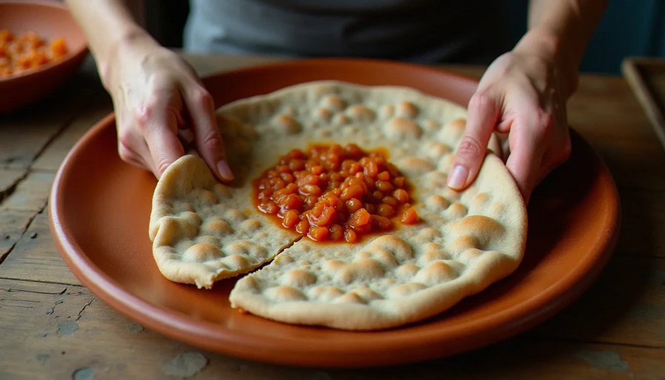 Gros plan de mains déchirant ensemble une injera fraîche sur un plateau éthiopien, symbole du partage au cœur de la cuisine éthiopienne
