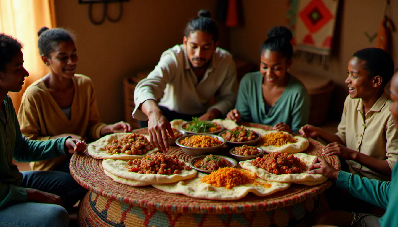 Repas éthiopien traditionnel partagé autour d'un grand mesob, illustrant la convivialité de la cuisine éthiopienne considérée comme la plus conviviale du monde