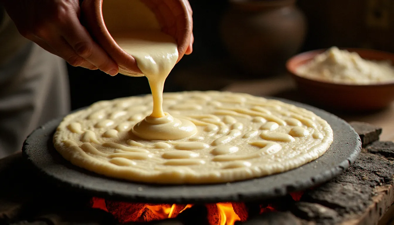 Femme versant la pâte d'injera fermentée sur une mitad traditionnelle en argile, avec les bulles caractéristiques de la galette éthiopienne en train de cuire