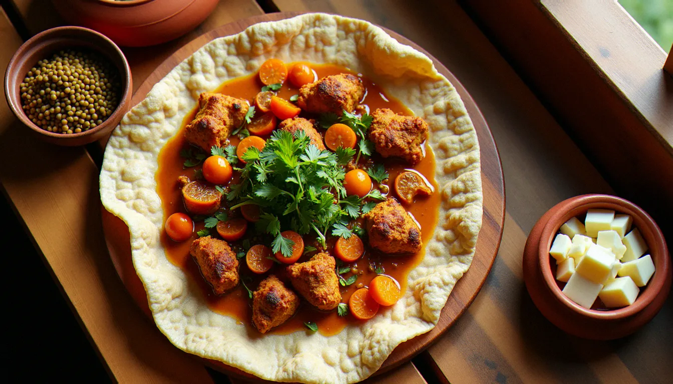 Plateau traditionnel éthiopien avec injera et plusieurs recettes de cuisine éthiopienne disposées en cercle : doro wat, misir et gomen