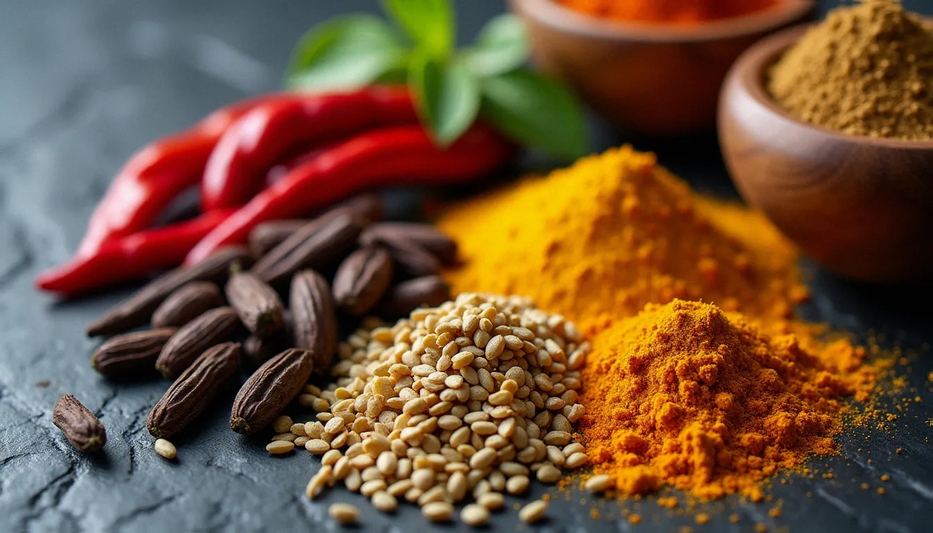 Ingrédients épices pour la cuisine éthiopienne végétarienne : berbéré, cardamome noire, fenugrec, curcuma et piments secs sur une surface en pierre sombre