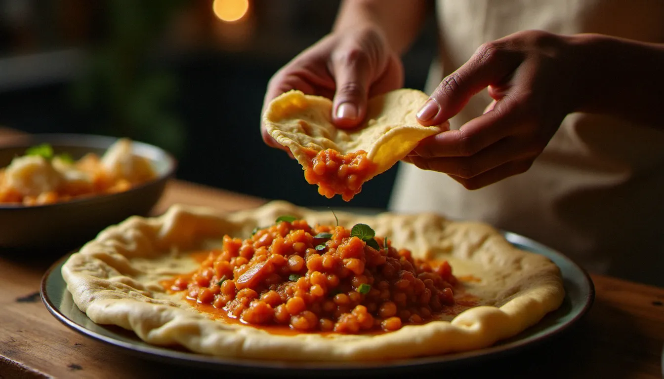 Mains déchirant une portion d'injera pour accompagner un misir wot, plat de lentilles rouges de la cuisine éthiopienne végétarienne, dans une ambiance chaleureuse et authentique