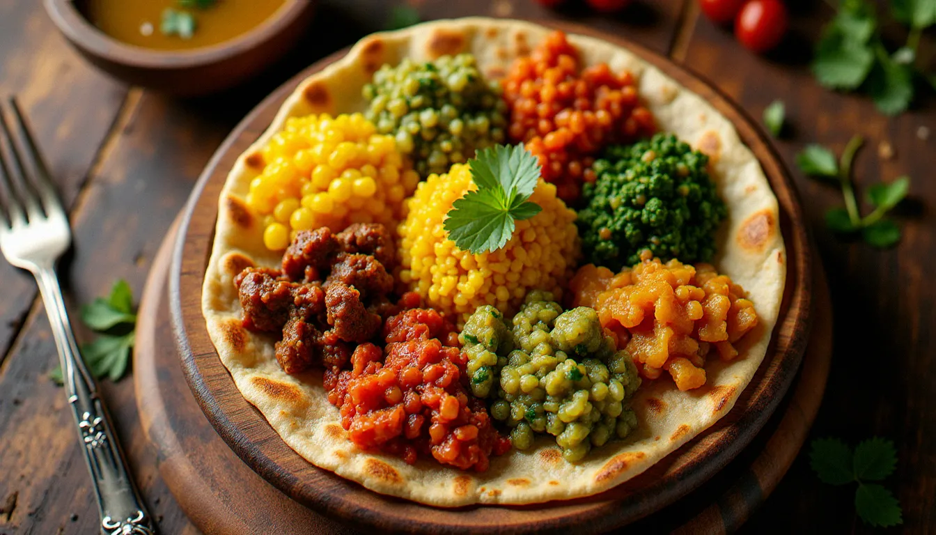Plateau végétarien éthiopien beyaynetu avec plusieurs préparations de cuisine éthiopienne recette végétarienne disposées sur une grande injera, vu de dessus