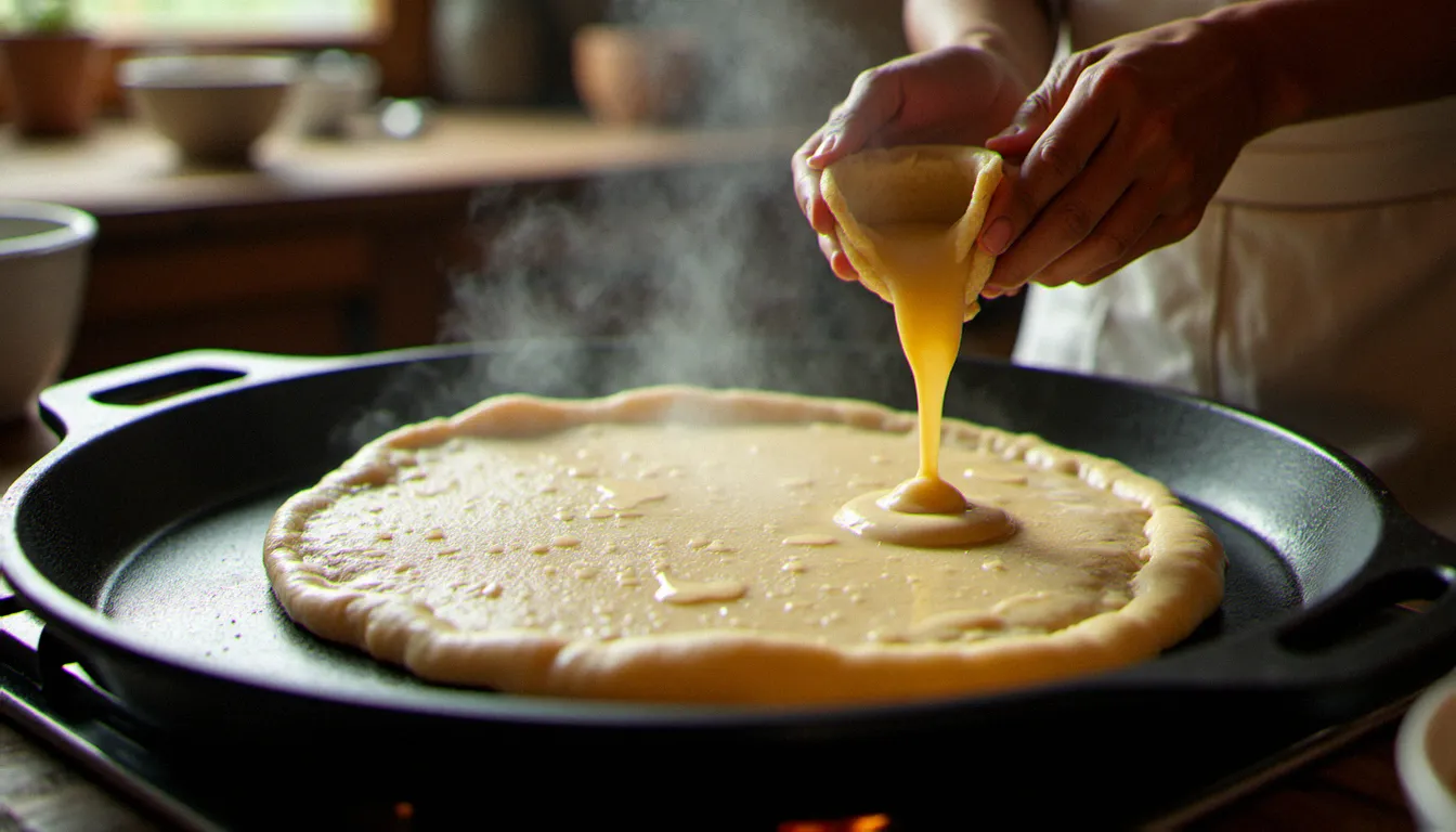Préparation de l'injera éthiopienne sur une plaque chaude, avec la pâte de teff versée en spirale formant les trous caractéristiques du pain éthiopien