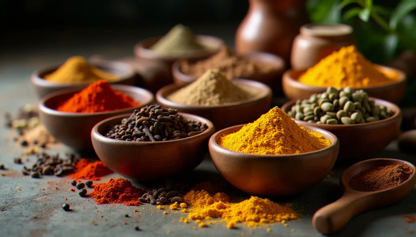 Assortiment d'épices éthiopiennes pour préparer le berbéré, dont le piment rouge séché, la korarima et le fenugrec, disposées dans des bols en bois sur une surface en pierre
