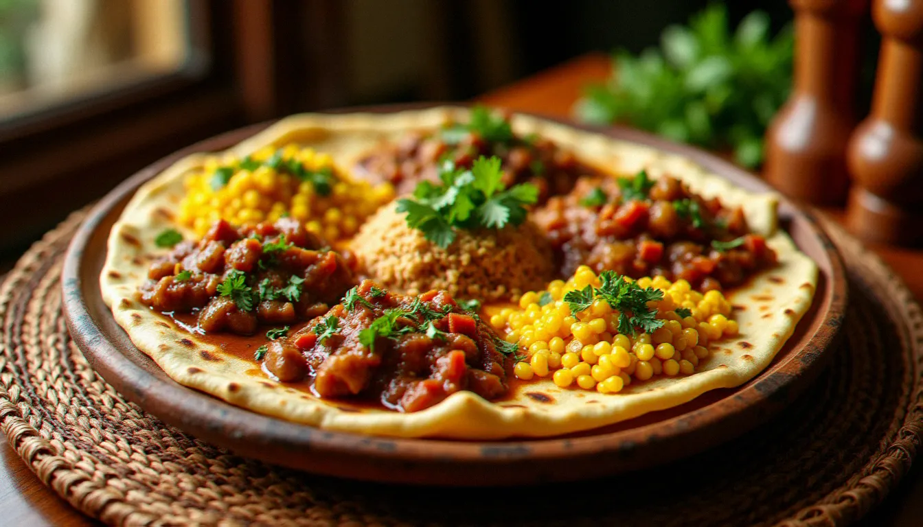 Plateau éthiopien traditionnel garni de cuisine éthiopienne recettes variées — injera, doro wat et misir wat — servi sur un mesob tressé