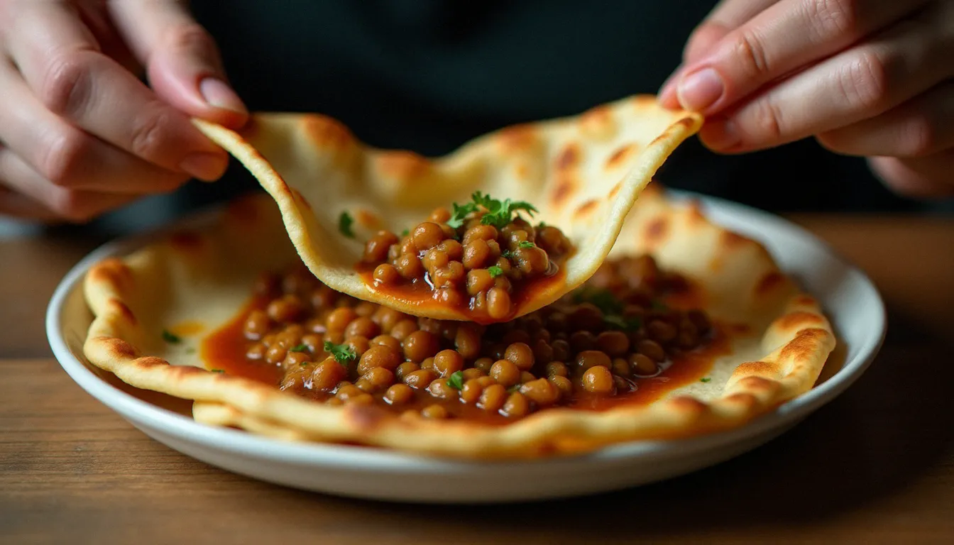 Mains déchirant l'injera pour saisir un ragoût de lentilles misir wat, illustration du mode de dégustation traditionnel de la cuisine éthiopienne