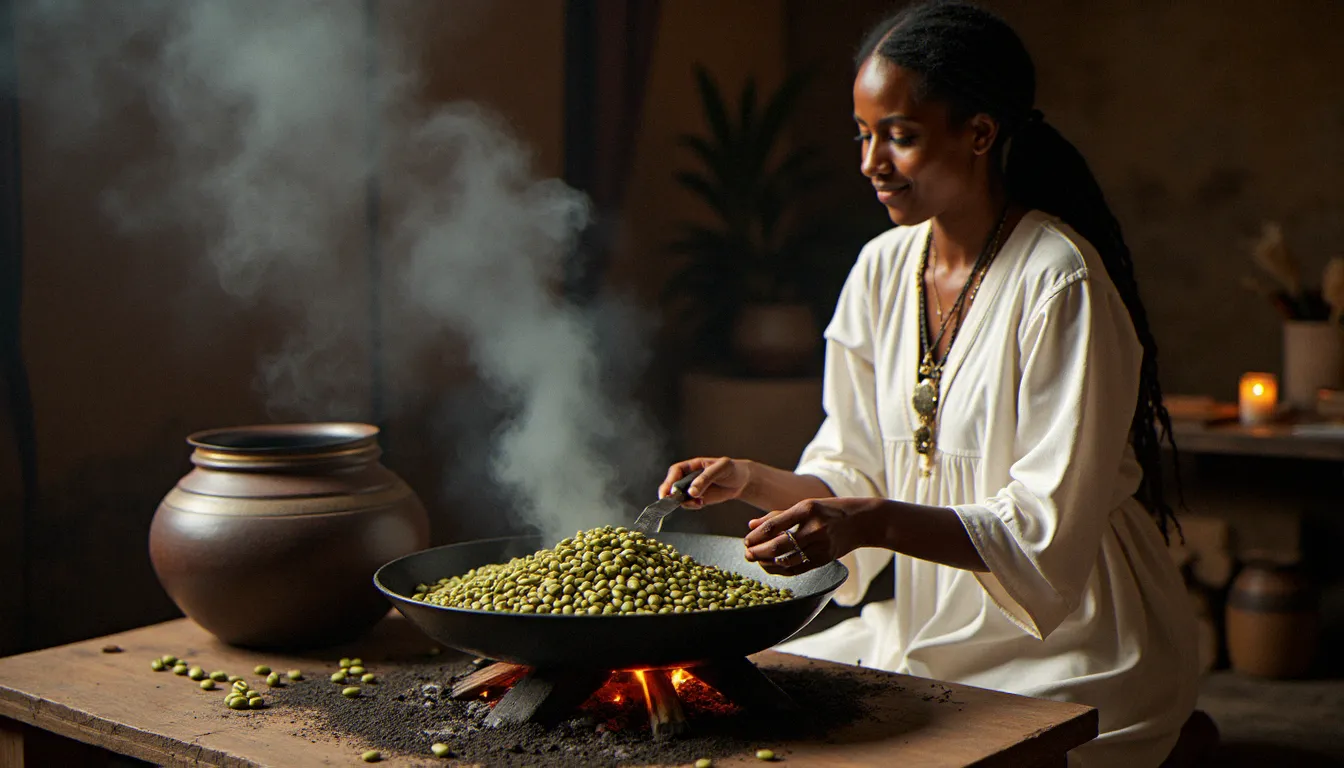 Cérémonie du café éthiopienne avec torréfaction des grains dans une poêle en fer et cafetière jebena en argile, rituel incontournable en fin de repas dans un resto éthiopien