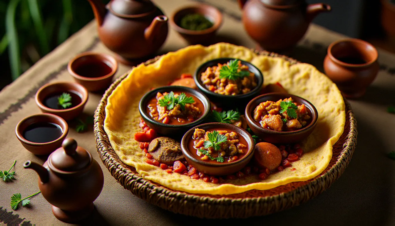 Plateau traditionnel éthiopien avec injera et plusieurs wat colorés servis sur un mesob, typique de la cuisine éthiopienne en resto