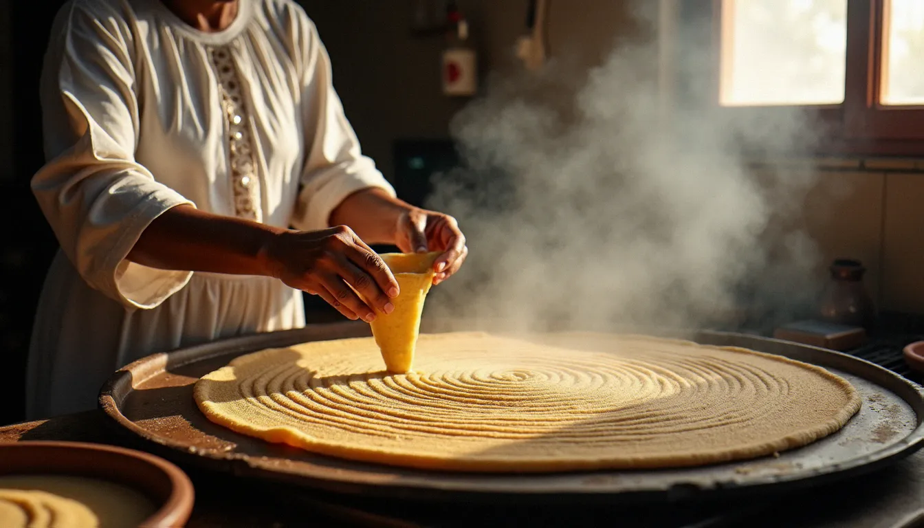 Femmes éthiopiennes préparant l'injera sur une plaque en argile traditionnelle lors d'un atelier culinaire communautaire, transmission du savoir-faire culinaire éthiopien