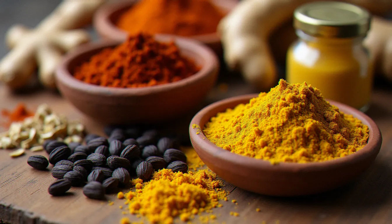Épices éthiopiennes essentielles disposées sur une surface en bois : berbéré, korarima, mitmita et niter kibbeh, les fondements aromatiques de la cuisine éthiopienne traditionnelle