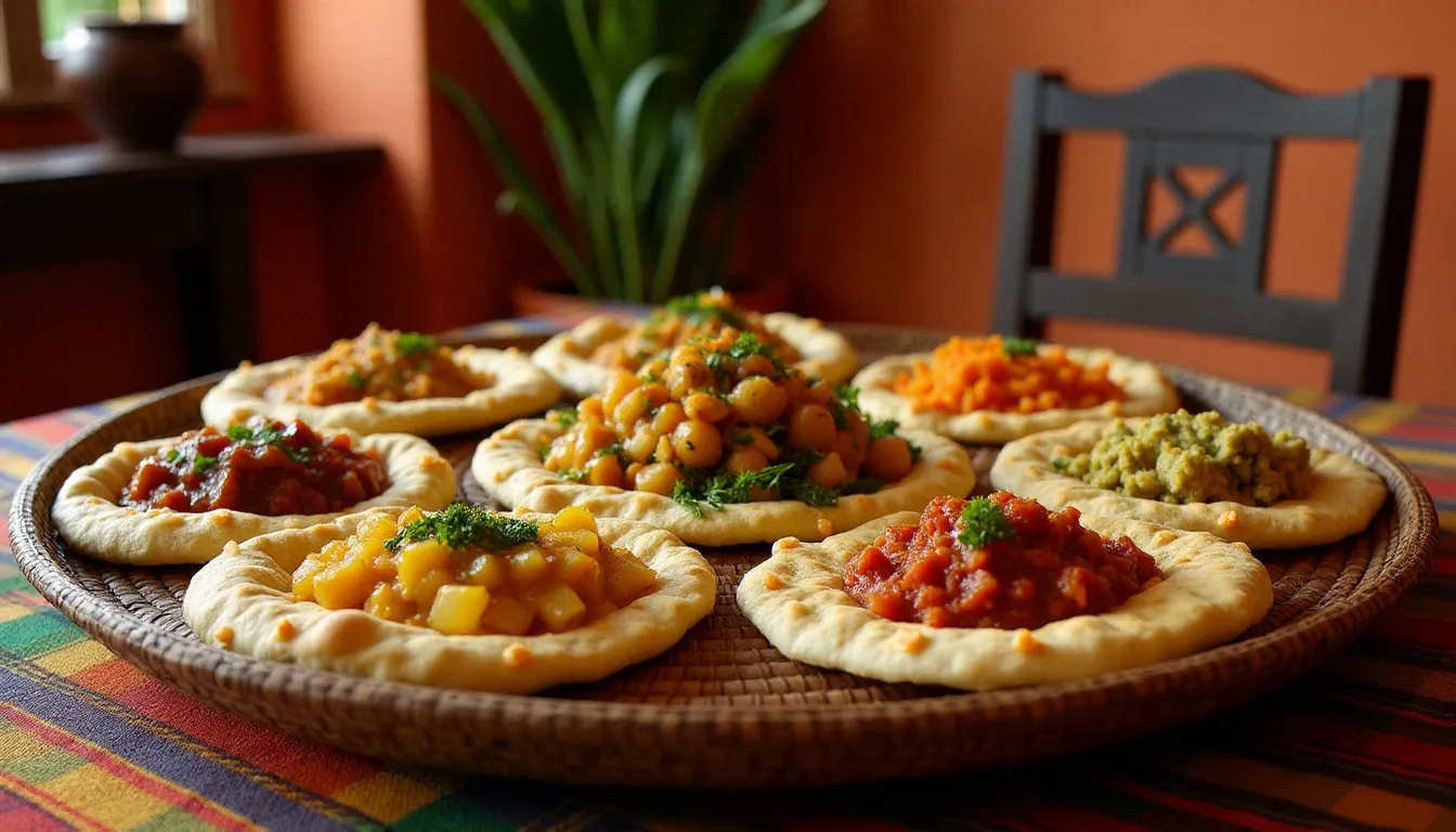 Plateau traditionnel éthiopien avec injera et plusieurs wats colorés représentant la cuisine éthiopienne partagée, style typique des restaurants et associations éthiopiennes