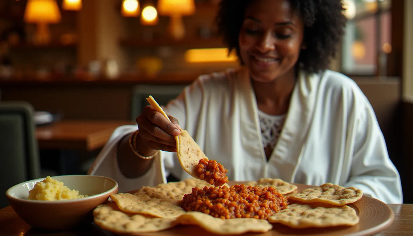 Femme en tenue traditionnelle éthiopienne mangeant avec les mains un repas partagé sur injera, geste du gursha emblématique de la culture culinaire éthiopienne