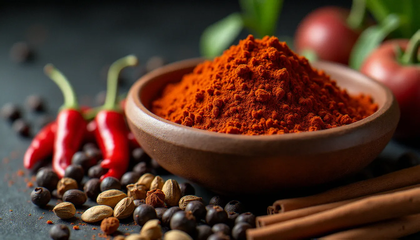 Mélange d'épices berbéré éthiopien dans un bol en terre cuite entouré des épices entières qui le composent, ingrédient fondamental de la cuisine éthiopienne à Saint-Denis