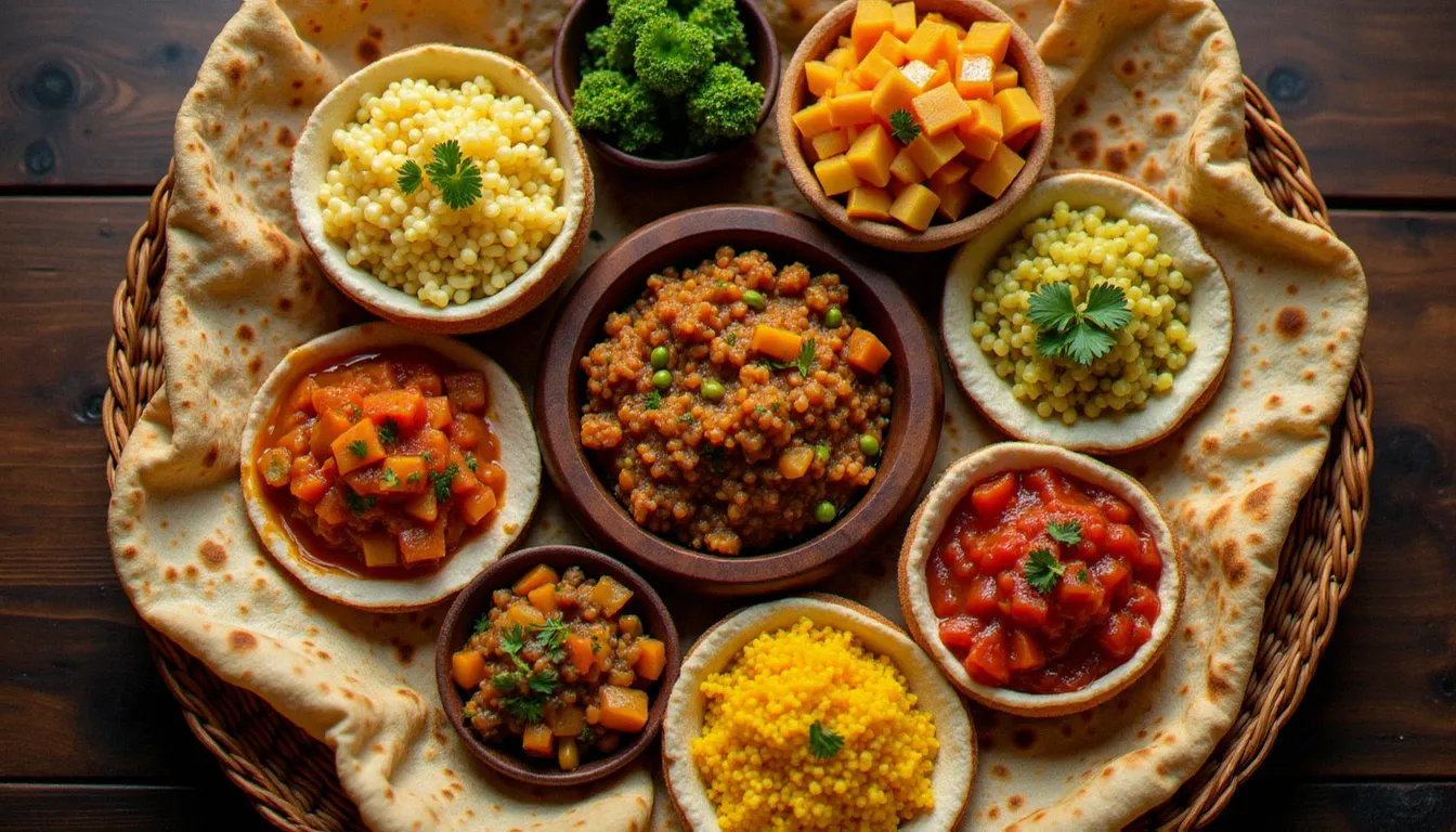 Grand plateau traditionnel éthiopien avec injera et plusieurs ragoûts épicés, représentatif de la cuisine éthiopienne servie à Saint-Denis