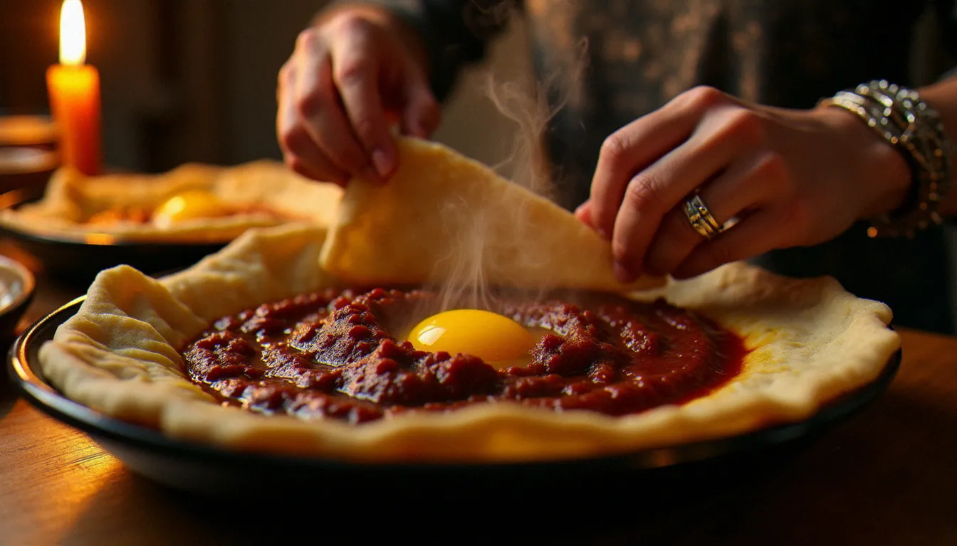 Gros plan sur des mains déchirant l'injera pour ramasser du doro wat lors d'un repas éthiopien traditionnel, lumière chaleureuse de bougies