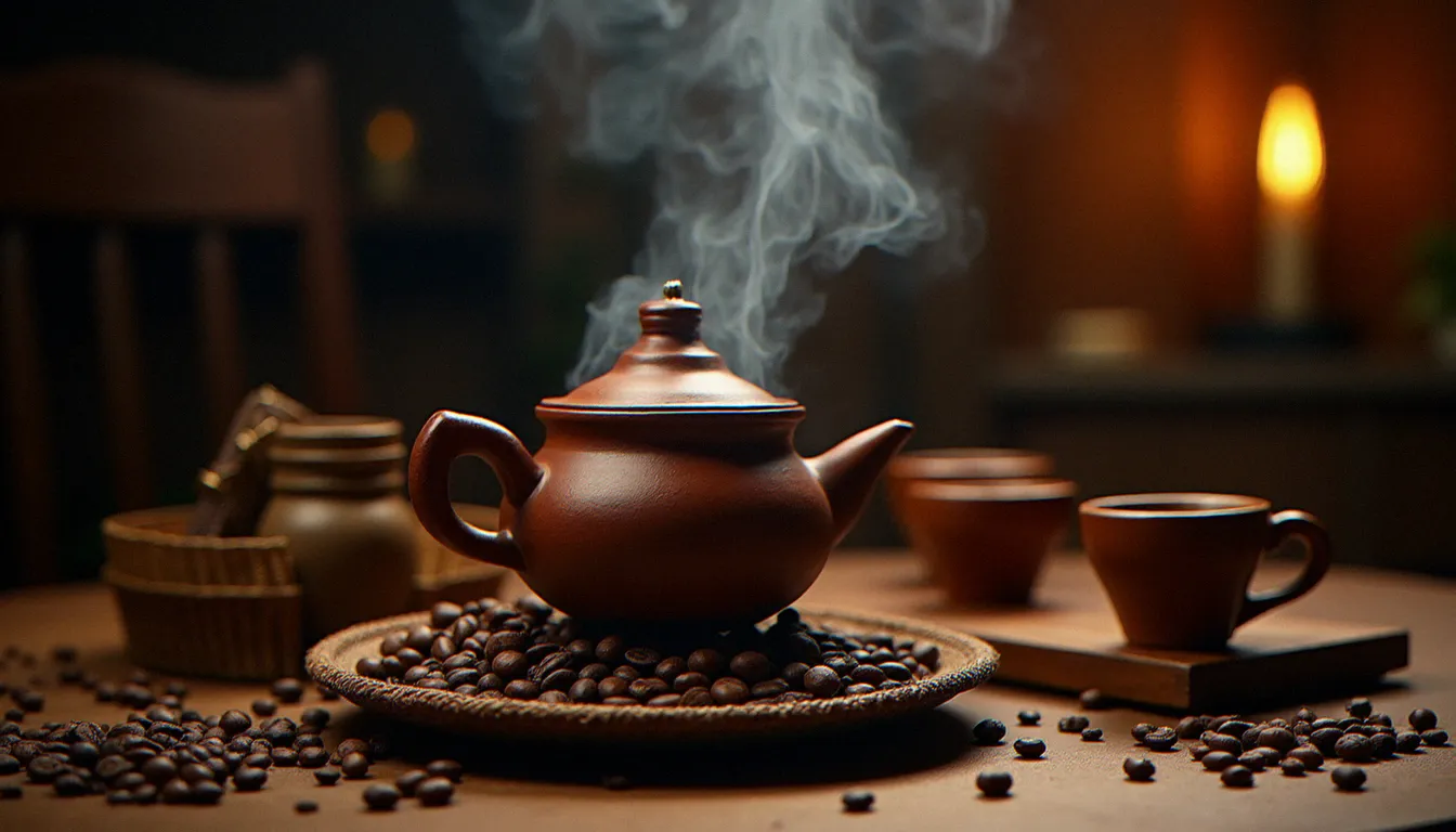 Cérémonie du café éthiopien buna avec jebena en argile sur braise, petites tasses traditionnelles et encens, ambiance chaleureuse et intimiste