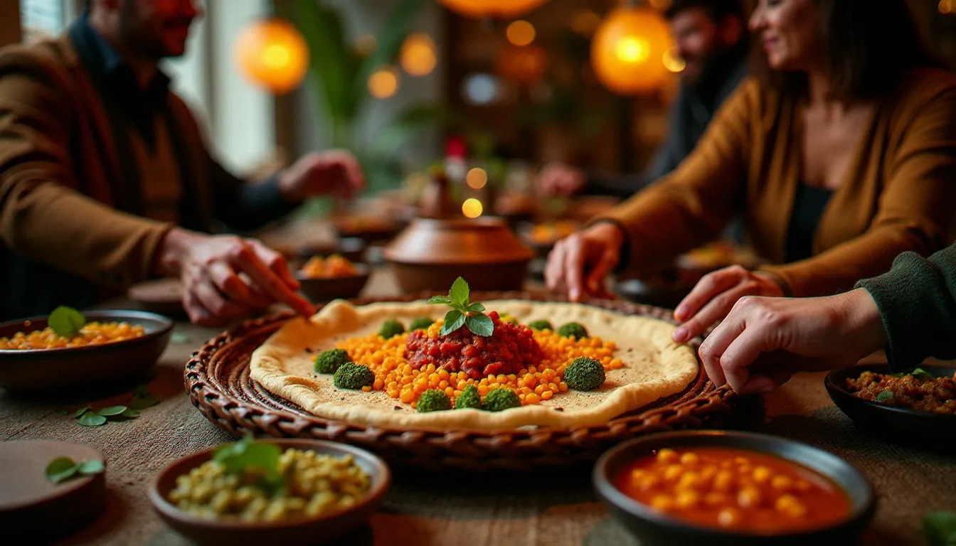 Témoignage cuisine éthiopienne — repas traditionnel éthiopien partagé sur injera avec plusieurs wots colorés, servi sur un mesob en osier dans un restaurant à Paris