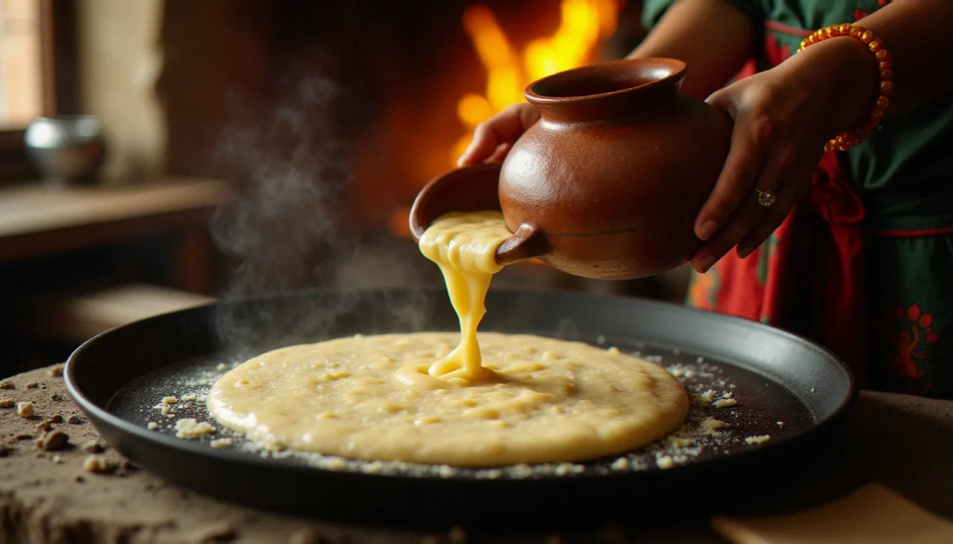Mains versant la pâte d'injera fermentée au teff sur une plaque mitad en argile, cuisson traditionnelle éthiopienne à la vapeur