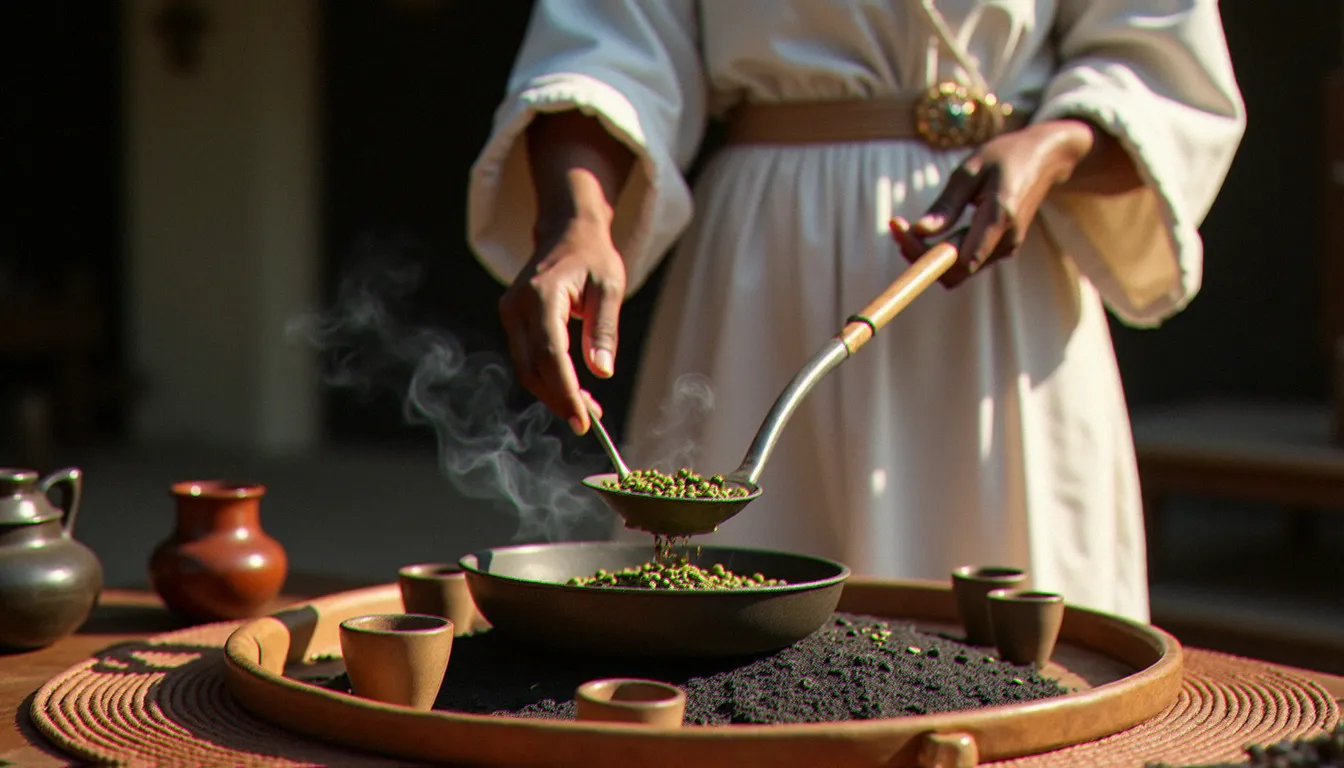 Cérémonie du café éthiopien avec torréfaction artisanale dans un pan en fer, jebena en argile et tasses traditionnelles disposées sur un plateau en osier