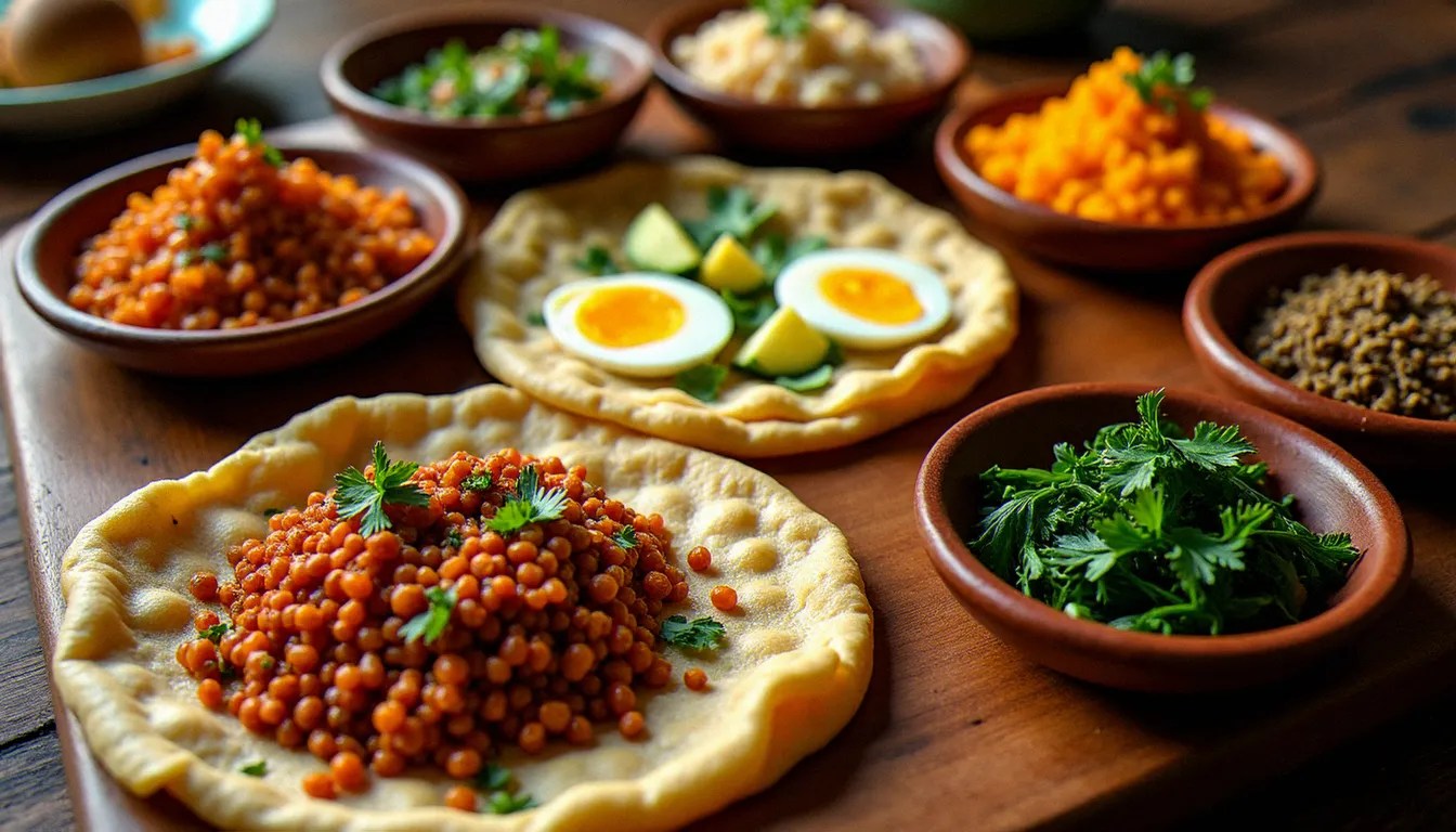 Vue de dessus d'un repas traditionnel éthiopien avec injera et plusieurs wots disposés sur un mesob en osier, illustrant la cuisine traditionnelle éthiopienne dans toute sa diversité