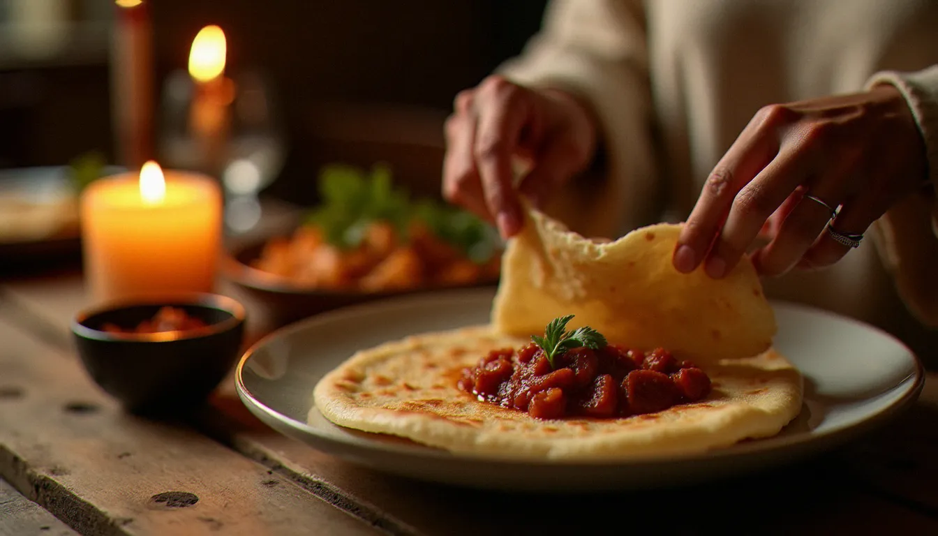 Mains féminines déchirant de l'injera pour saisir du misir wot lors d'un repas de jeûne éthiopien tsomé
