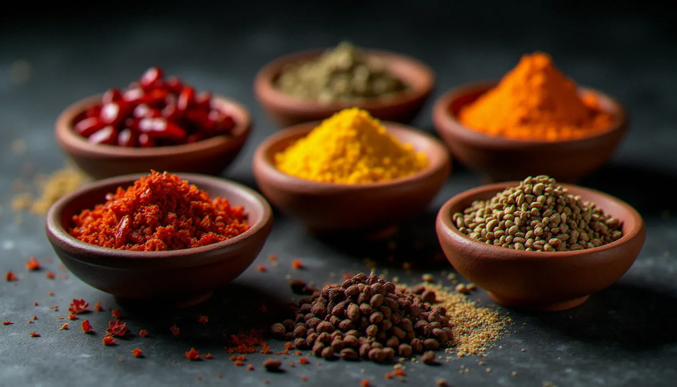 Mélange d'épices pour le berbéré éthiopien présenté dans des bols en terre cuite, épices essentielles de la cuisine végane éthiopienne