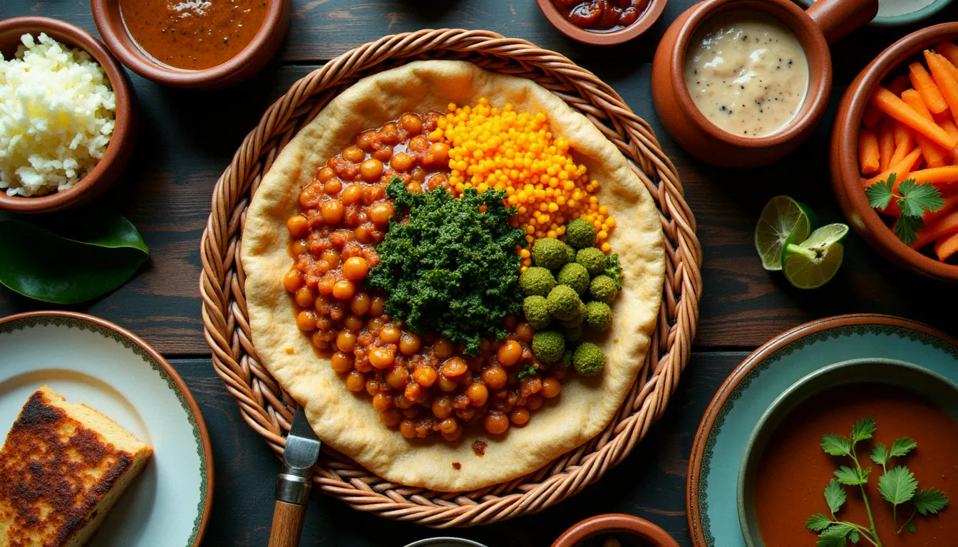 Plateau végane éthiopien traditionnel avec injera et plusieurs wot colorés — illustration de la cuisine végane éthiopienne