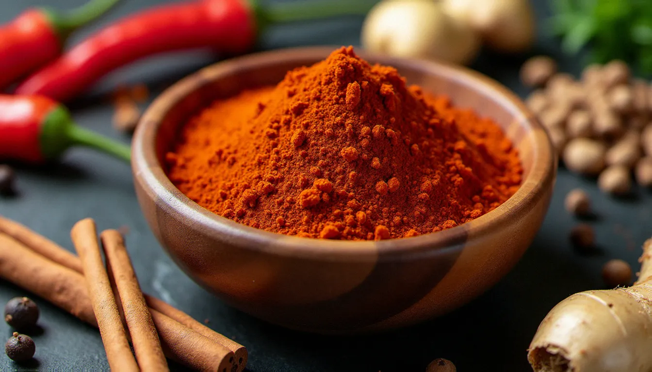 Mélange d'épices berbéré dans un bol en bois entouré des épices de la cuisine éthiopienne : piments séchés, fenugrec, cardamome et gingembre