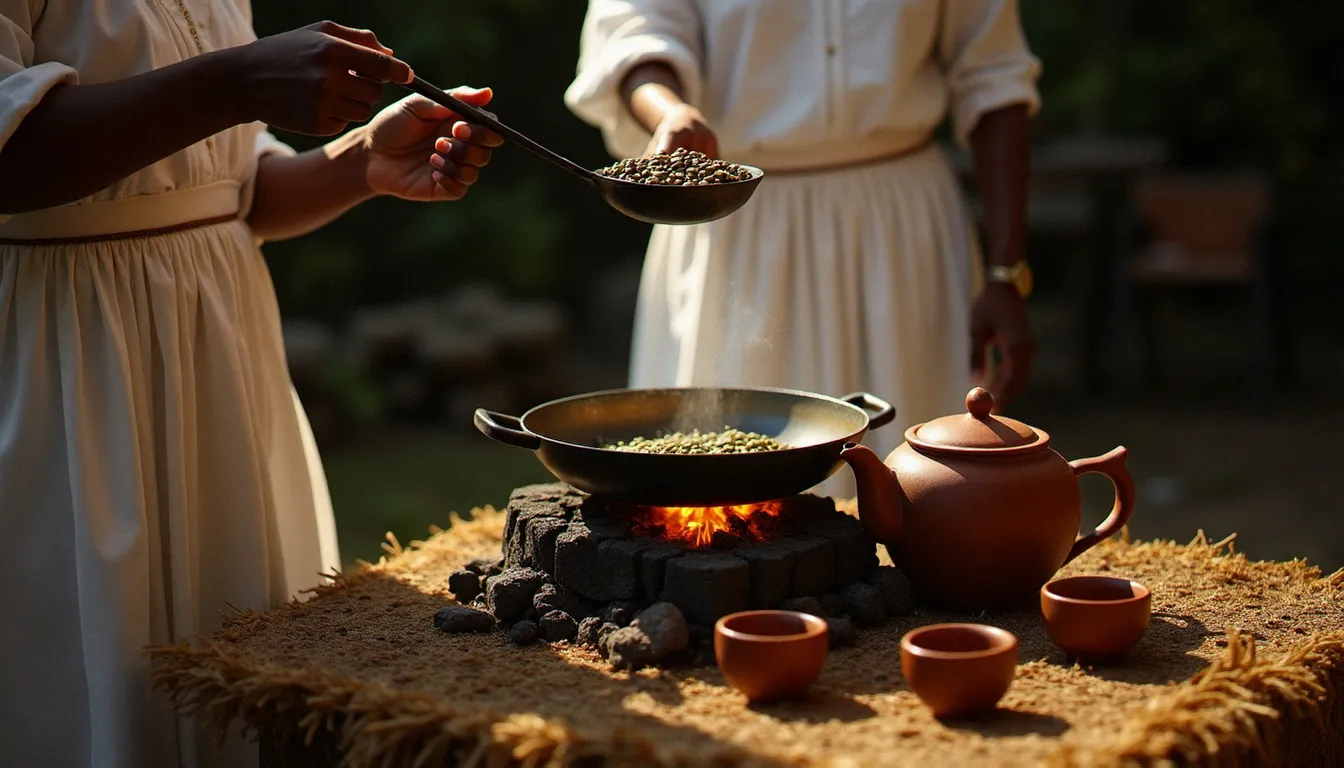 Cérémonie du café éthiopien avec une femme en tenue traditionnelle faisant griller des grains de café vert sur des braises, entourée d'une jebena et de petites tasses