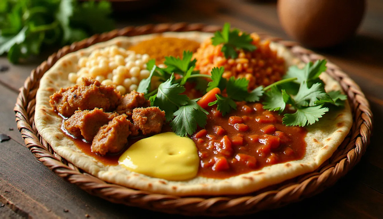Plateau éthiopien traditionnel avec injera et différents plats de cuisine éthiopienne dont le doro wot et le misir wot