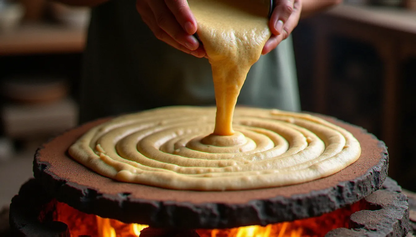 Cuisson artisanale de l'injera sur un mitad en argile, la pâte de teff fermentée formant ses pores caractéristiques à la chaleur