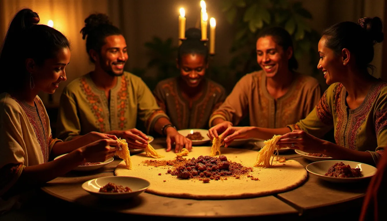 Repas communautaire éthiopien autour d'une grande injera partagée, illustrant le rituel du gursha et la dimension sociale de la galette éthiopienne