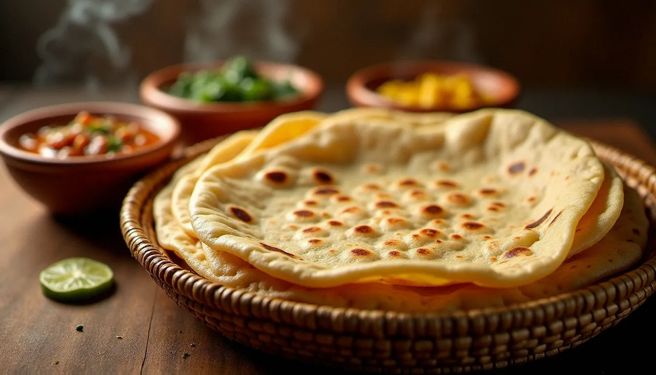 Galette cuisine éthiopienne injera fraîchement préparée présentée sur un mesob traditionnel avec des wot colorés