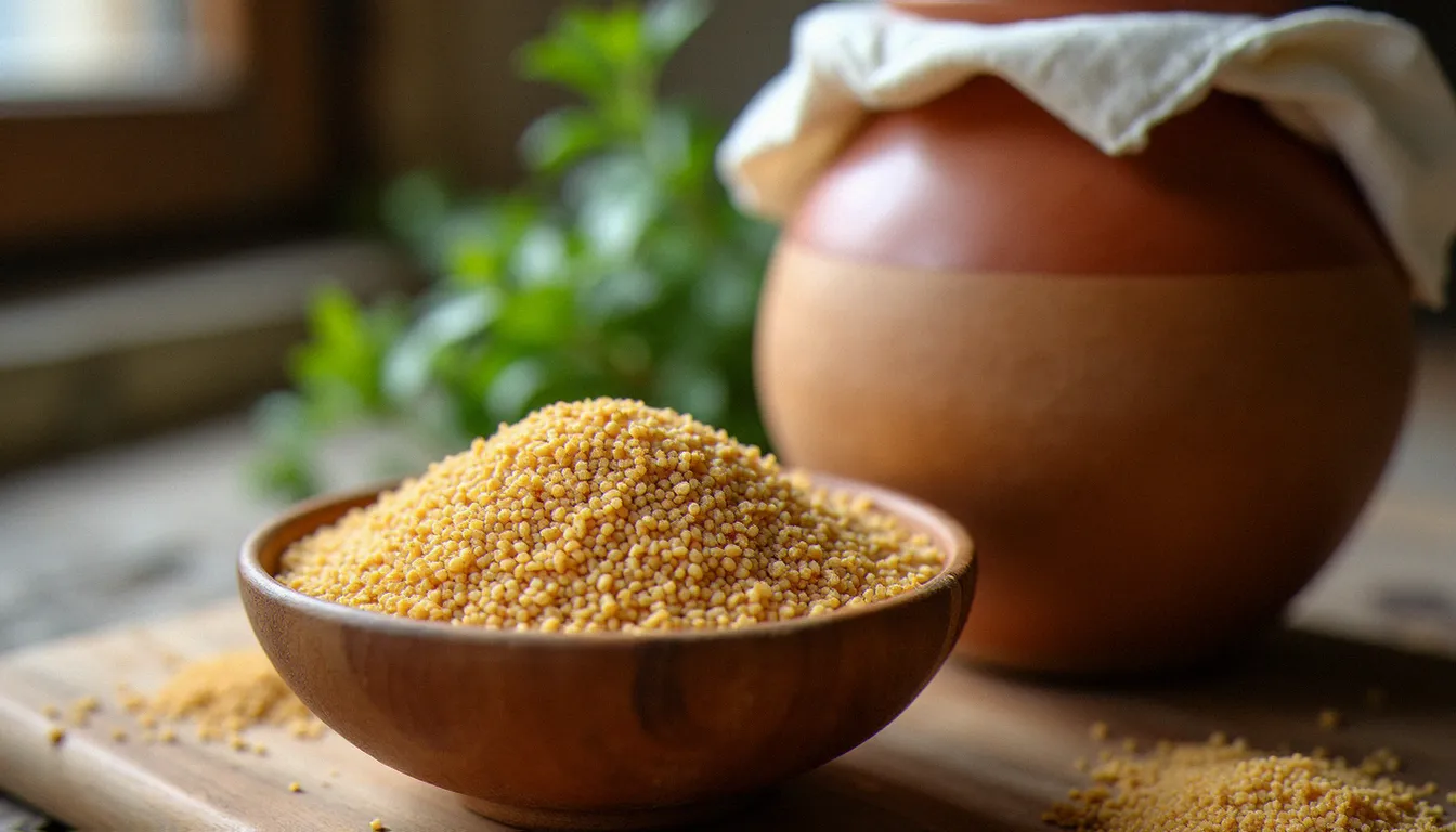 Grains de teff brun dans un bol en bois, céréale de base utilisée pour préparer la galette éthiopie injera