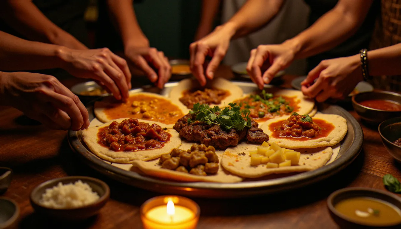 Repas éthiopien partagé avec une grande galette injera couverte de différents ragoûts épicés, dégusté à plusieurs mains