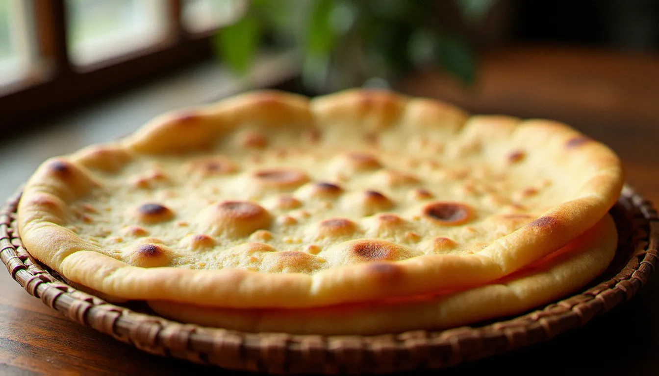 Galette éthiopie injera posée sur un plateau tressé traditionnel, montrant sa texture alvéolée caractéristique
