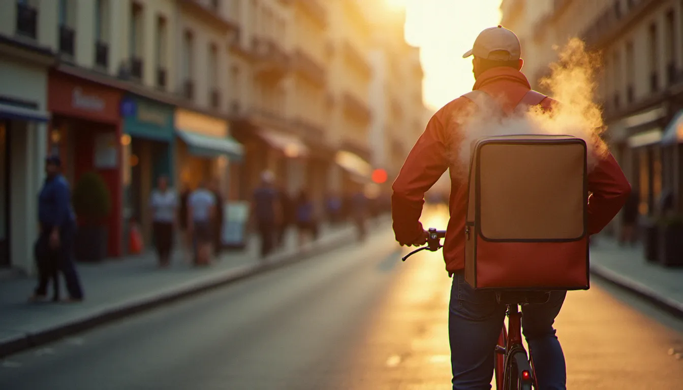 Livreur à vélo dans une rue de Paris transportant une commande de cuisine éthiopienne dans un sac isotherme