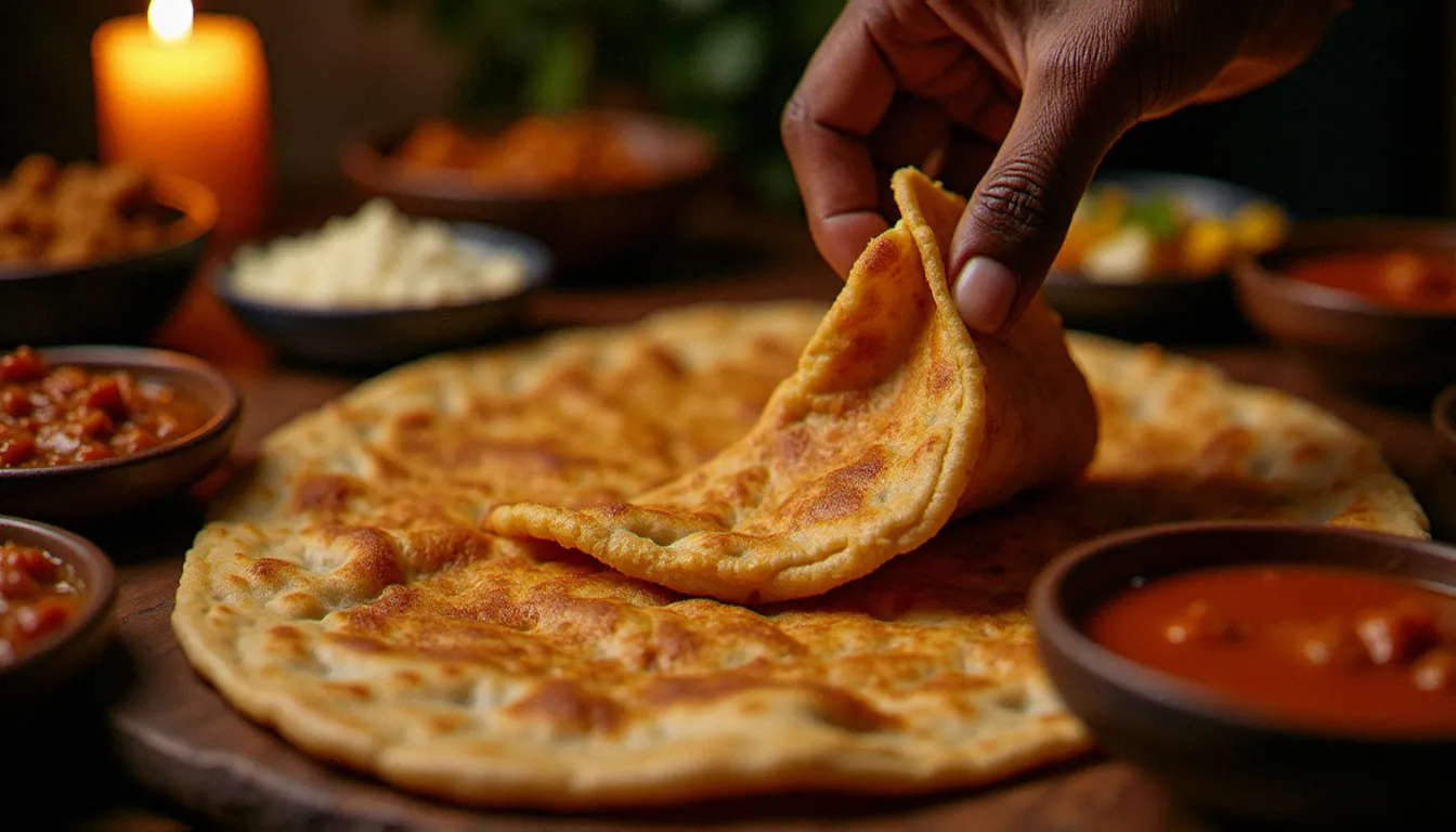 Main déchirant un morceau d'injera fermentée sur un plateau partagé avec plusieurs wats épicés, illustrant le rituel du repas éthiopien en livraison
